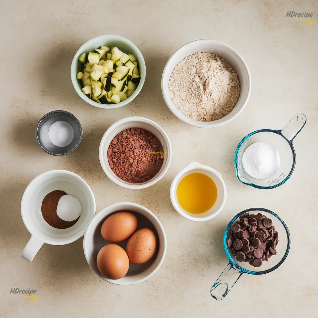 zucchini-brownies-ingredients Flat lay of fresh ingredients for gluten-free zucchini brownies including grated zucchini, almond flour, cocoa powder, eggs, and chocolate chips