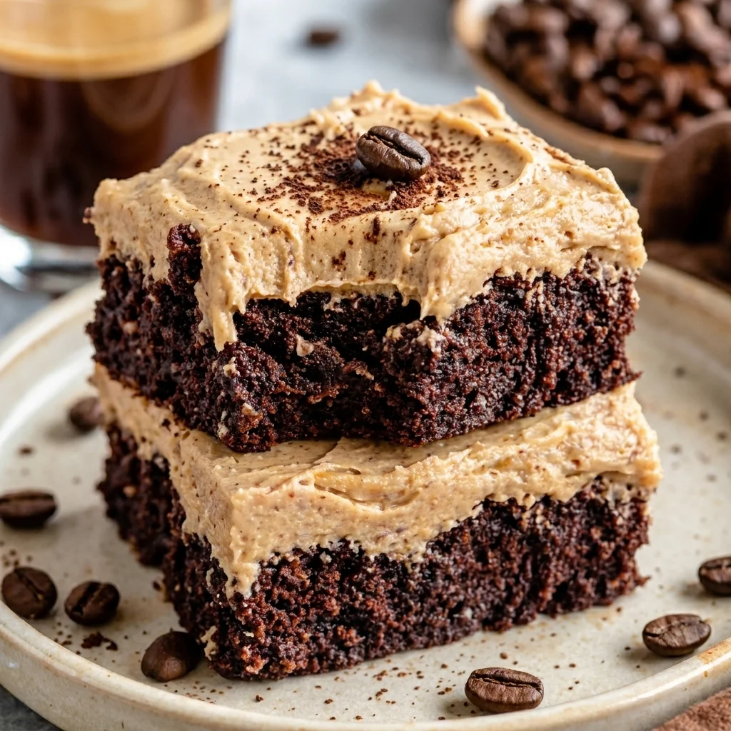 coffee brownies with fudgy texture and creamy frosting, rich chocolate dessert