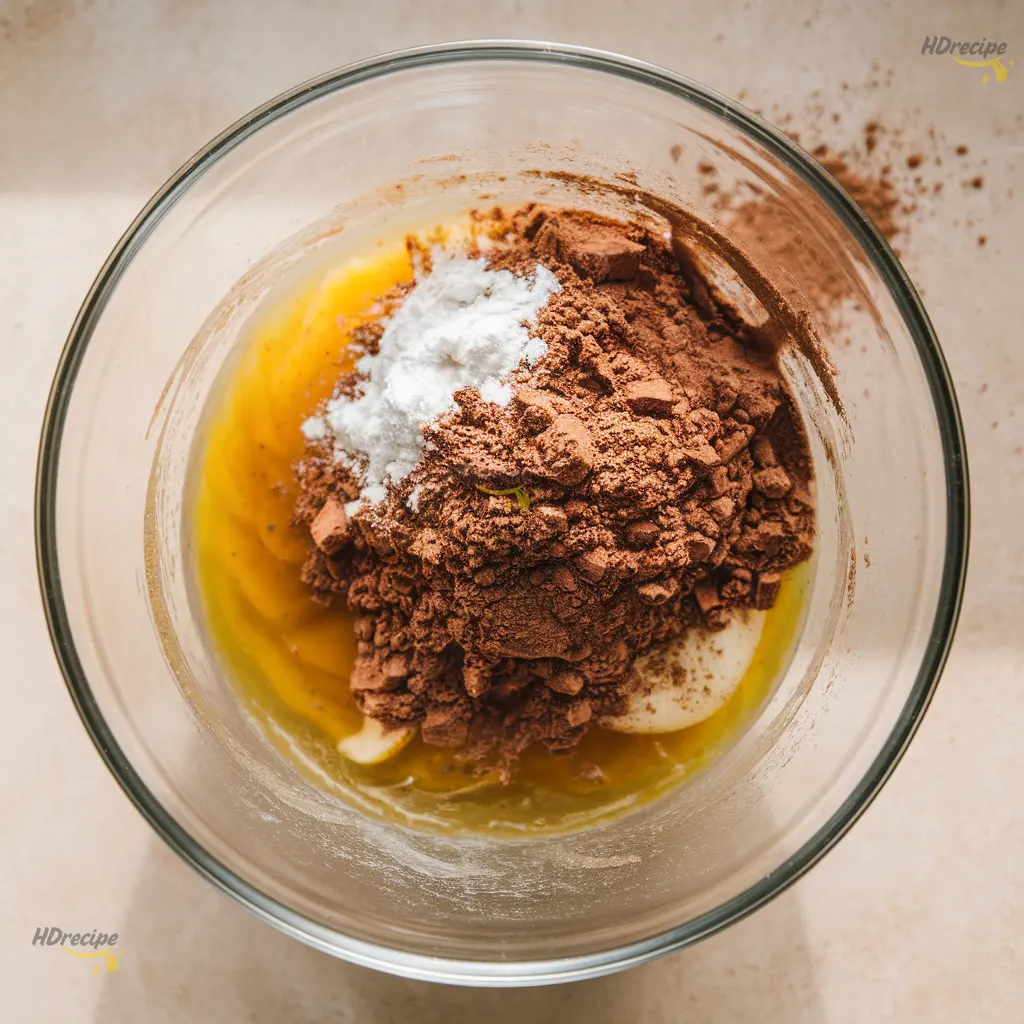 adding-dry-ingredients-to-wet-batter Cocoa powder, flour, and baking ingredients being sifted into the wet mixture for chocolate donuts.