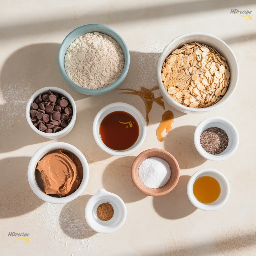 brownie-protein-bites-ingredients-flatlay Ingredients for brownie protein bites on beige counter with almond flour and cocoa.