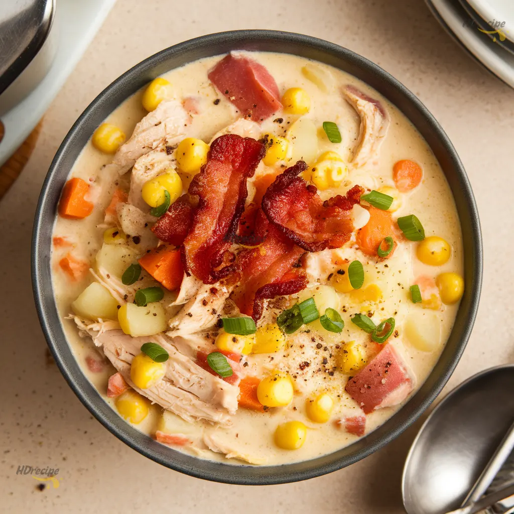 Close-up of creamy chicken corn chowder topped with bacon and green onions.