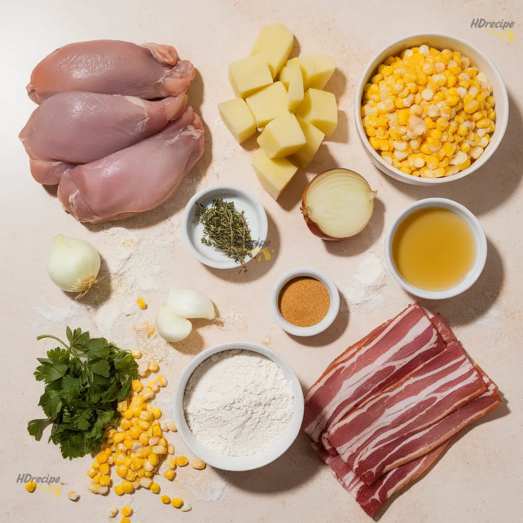Ingredients for Crockpot chicken corn chowder including chicken, corn, potatoes, carrots, and broth.
