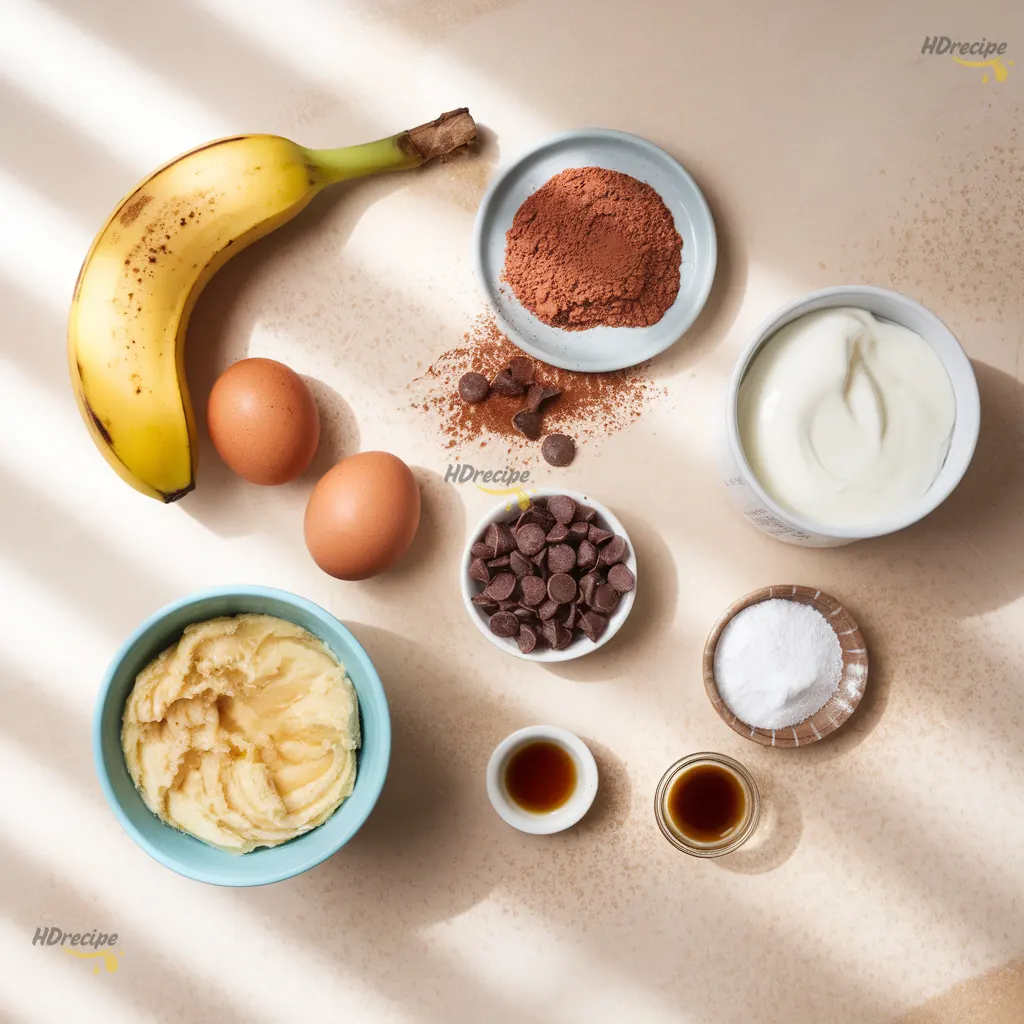 chocolate-donuts-ingredients-flatlay Top-down shot of cocoa, flour, sugar, eggs, and chocolate glaze ingredients on a beige counter.