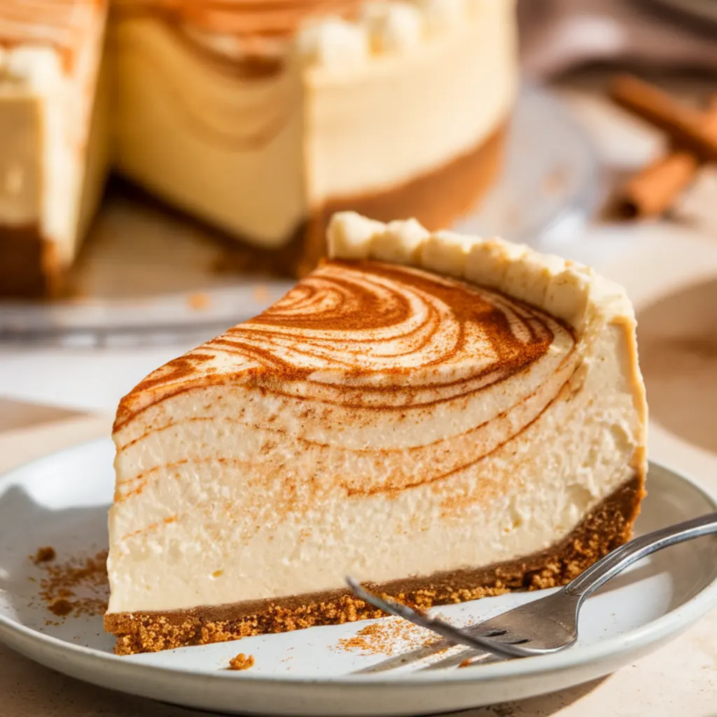 creamy snickerdoodle cheesecake slice with cinnamon-sugar swirl