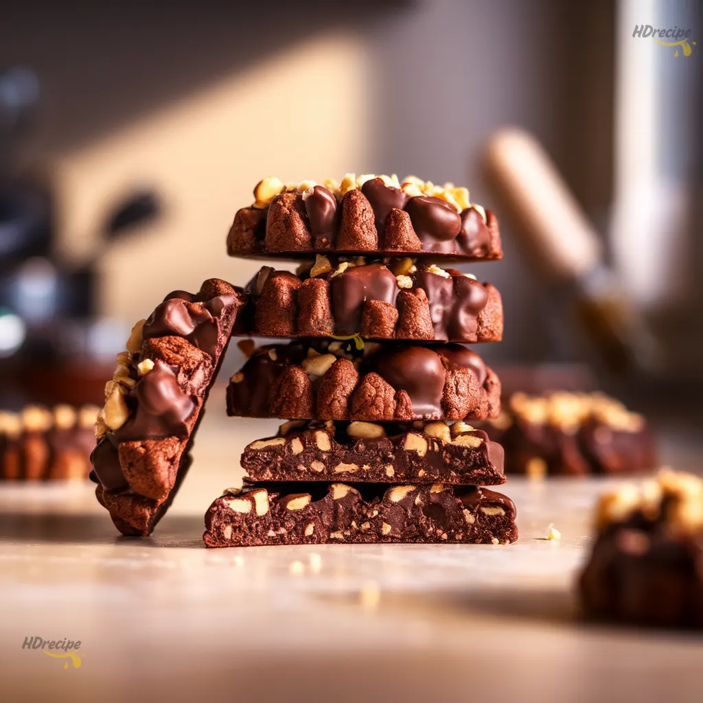 Extreme close-up of a single chocolate hazelnut crunch cookie showing melted chocolate pockets and nutty texture