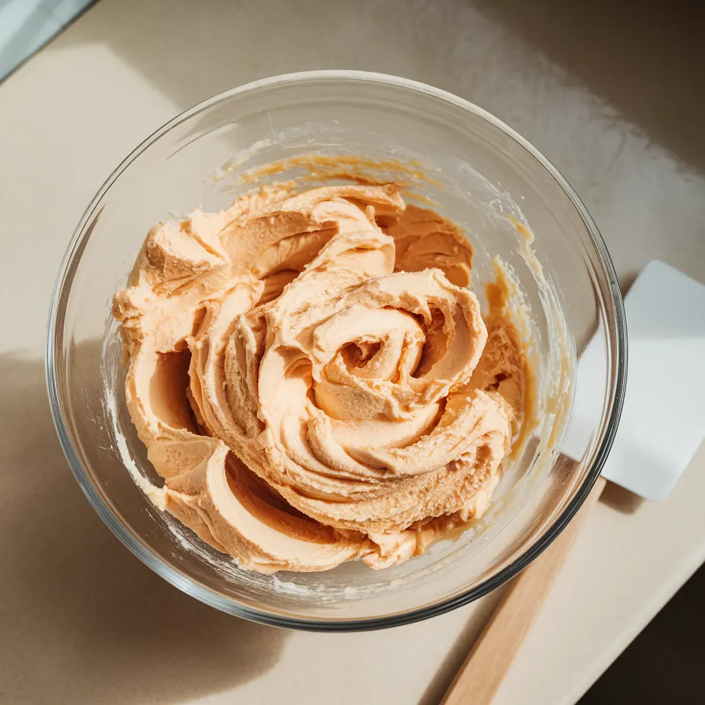 Softened butter and sugar being creamed together into a light, fluffy base for chocolate hazelnut cookies