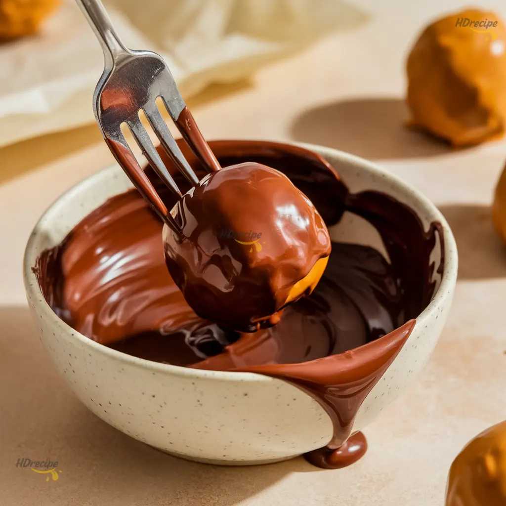 dipping-pumpkin-cheesecake-balls Dipping pumpkin cheesecake ball in melted chocolate