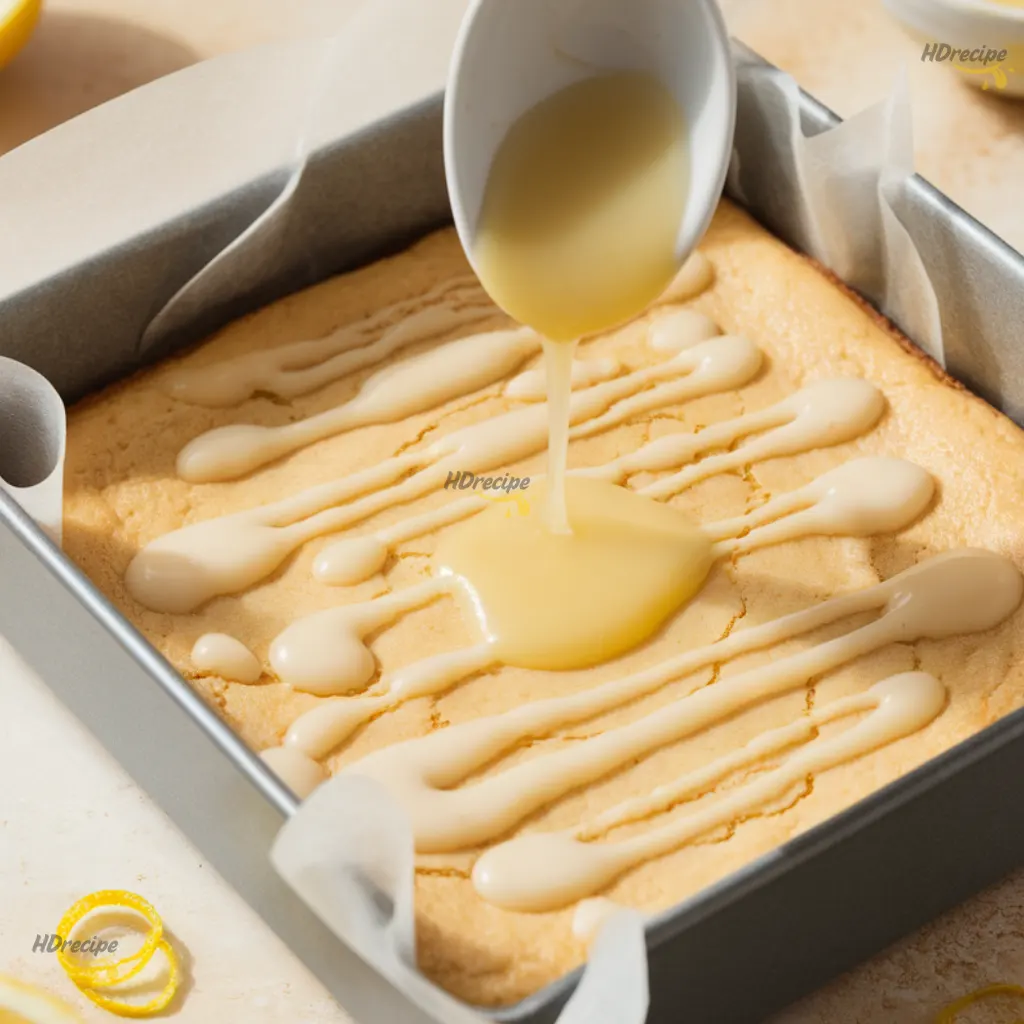 drizzling-lemon-glaze-on-brownie-bars-in-pan Drizzling lemon glaze over golden-yellow lemon brownie bars in pan.