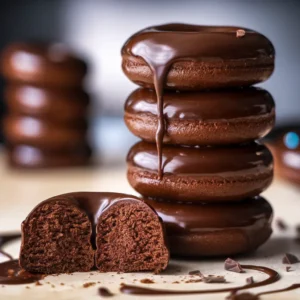 Stack of glossy chocolate donuts with one cut open to show the moist chocolate center.