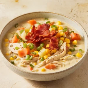 Creamy Crockpot chicken corn chowder loaded with chicken, corn, potatoes, and bacon.