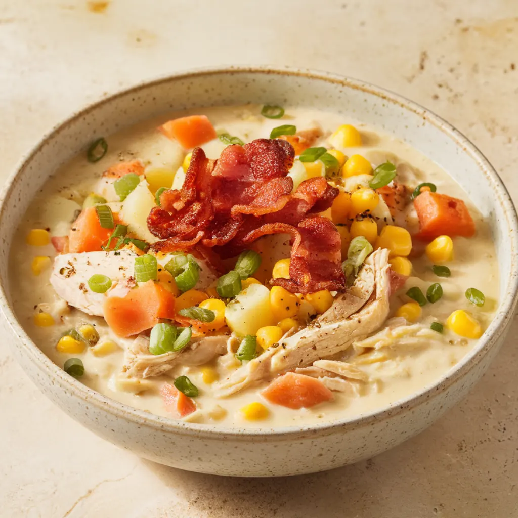 Creamy Crockpot chicken corn chowder loaded with chicken, corn, potatoes, and bacon.