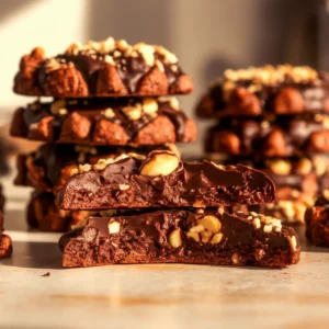 Loaded stack of chocolate hazelnut crunch cookies with one broken open to show the gooey chocolate center.