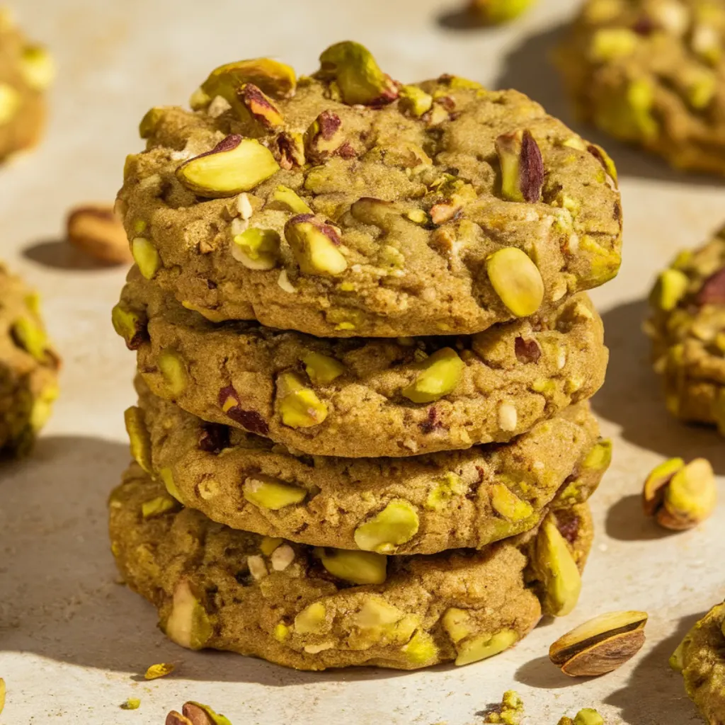 Close-up stack of gluten free vegan pistachio cookies topped with crushed pistachios.