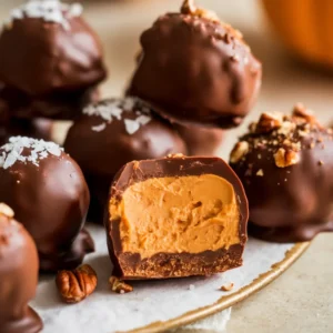 Close-up pumpkin cheesecake balls, one cut open showing creamy filling