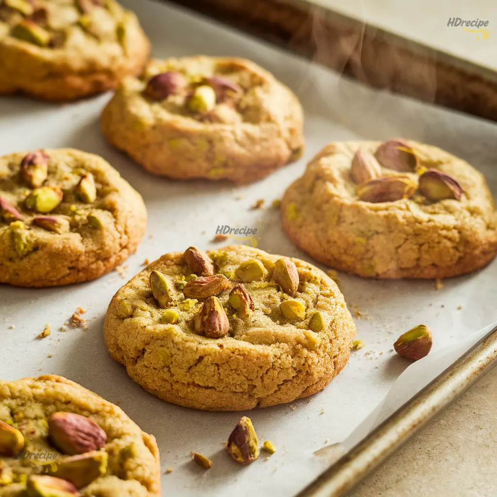 fresh-baked-pistachio-cookies-tray Warm pistachio cookies just out of the oven on a parchment-lined baking tray, with chopped nuts visible on top.