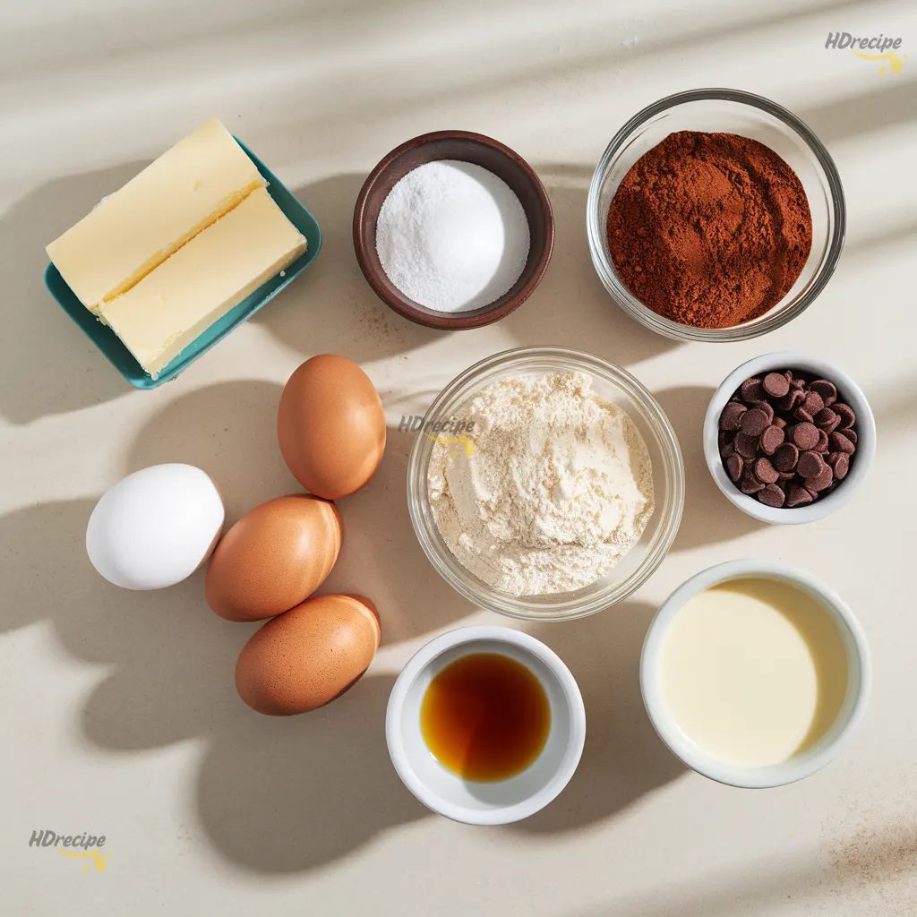 frosted-coffee-brownies-ingredients-flatlay brownie and frosting ingredients arranged on beige countertop