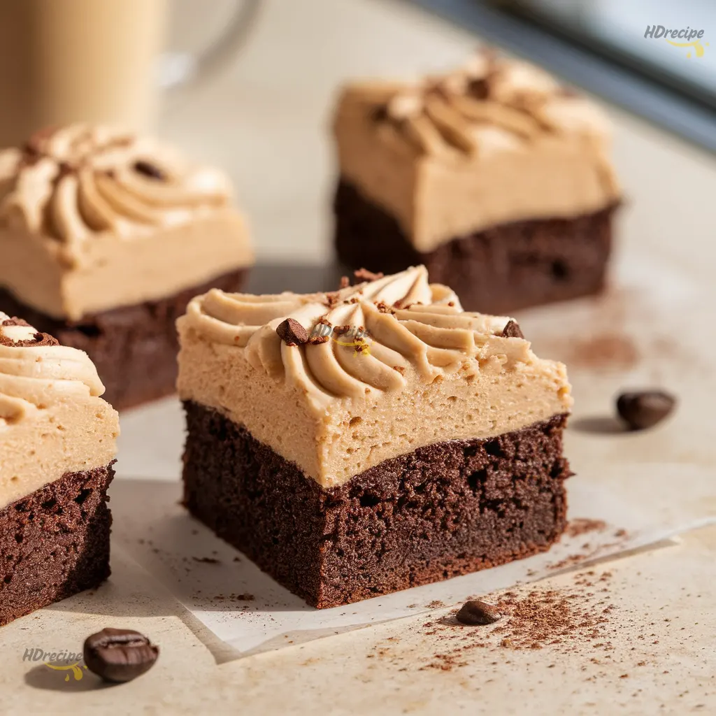 frosted-coffee-brownies-squares-cut frosted coffee brownie squares with creamy topping