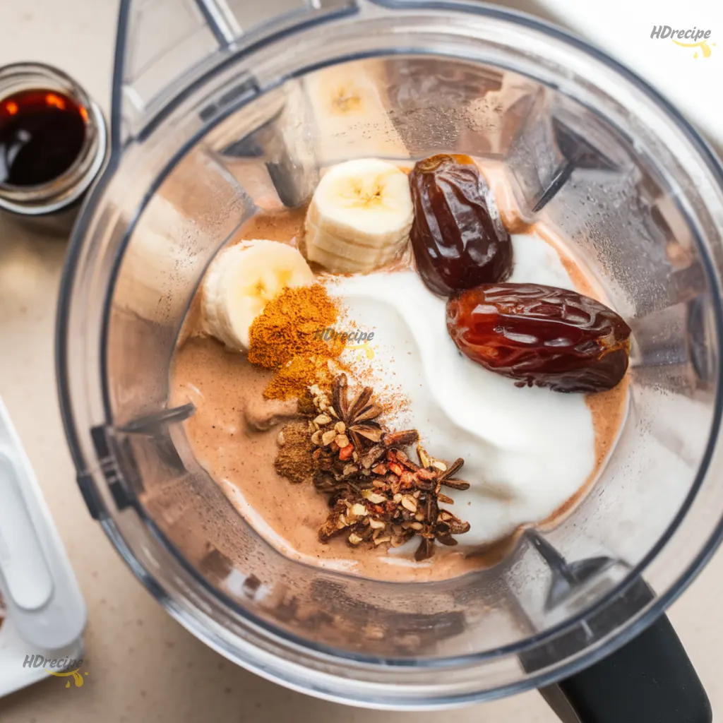 gingerbread-smoothie-blender-process Blender mixing banana yogurt molasses and spices for gingerbread smoothie