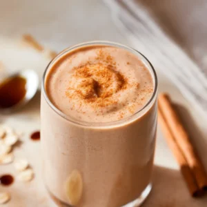 Creamy gingerbread smoothie close-up with warm spices on beige counter