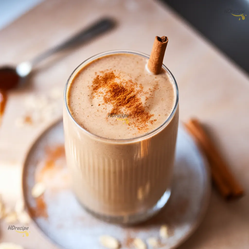 gingerbread-smoothie-finished-glass Freshly blended gingerbread smoothie with cinnamon on beige counter