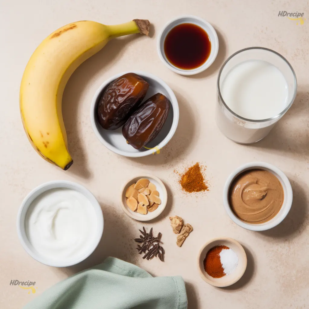 gingerbread-smoothie-ingredients-flatlay Gingerbread smoothie ingredients flat lay with banana yogurt dates and spices
