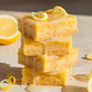 Glossy stacked lemon brownie bars with shiny glaze and golden edges.