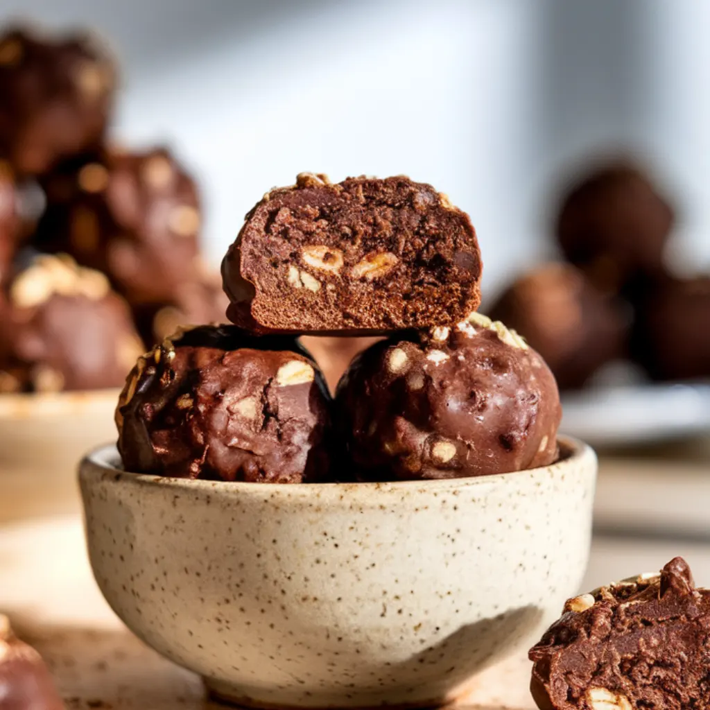 Close-up of gluten-free brownie protein bites showing fudgy chocolate center.