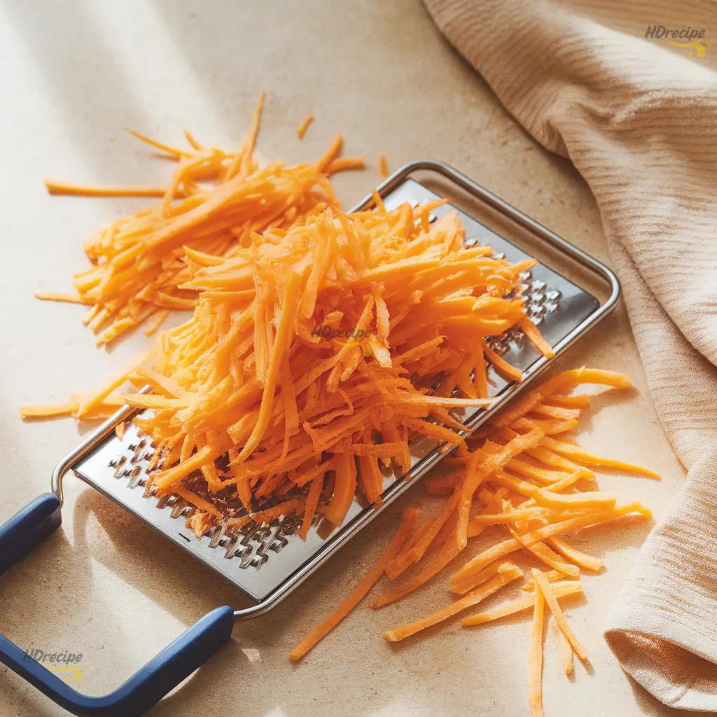 grating-sweet-potatoes-for-hash-browns Grated sweet potatoes with box grater on light beige countertop.