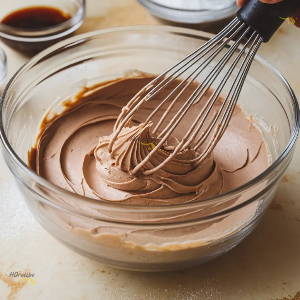 hand-whisking-coffee-buttercream-frosting creamy light mocha coffee frosting whisked in glass bowl