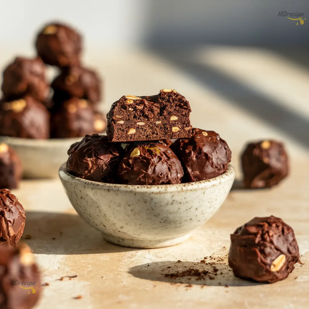 healthy-brownie-protein-bites-with-coffee Brownie protein bites served with coffee on beige counter.