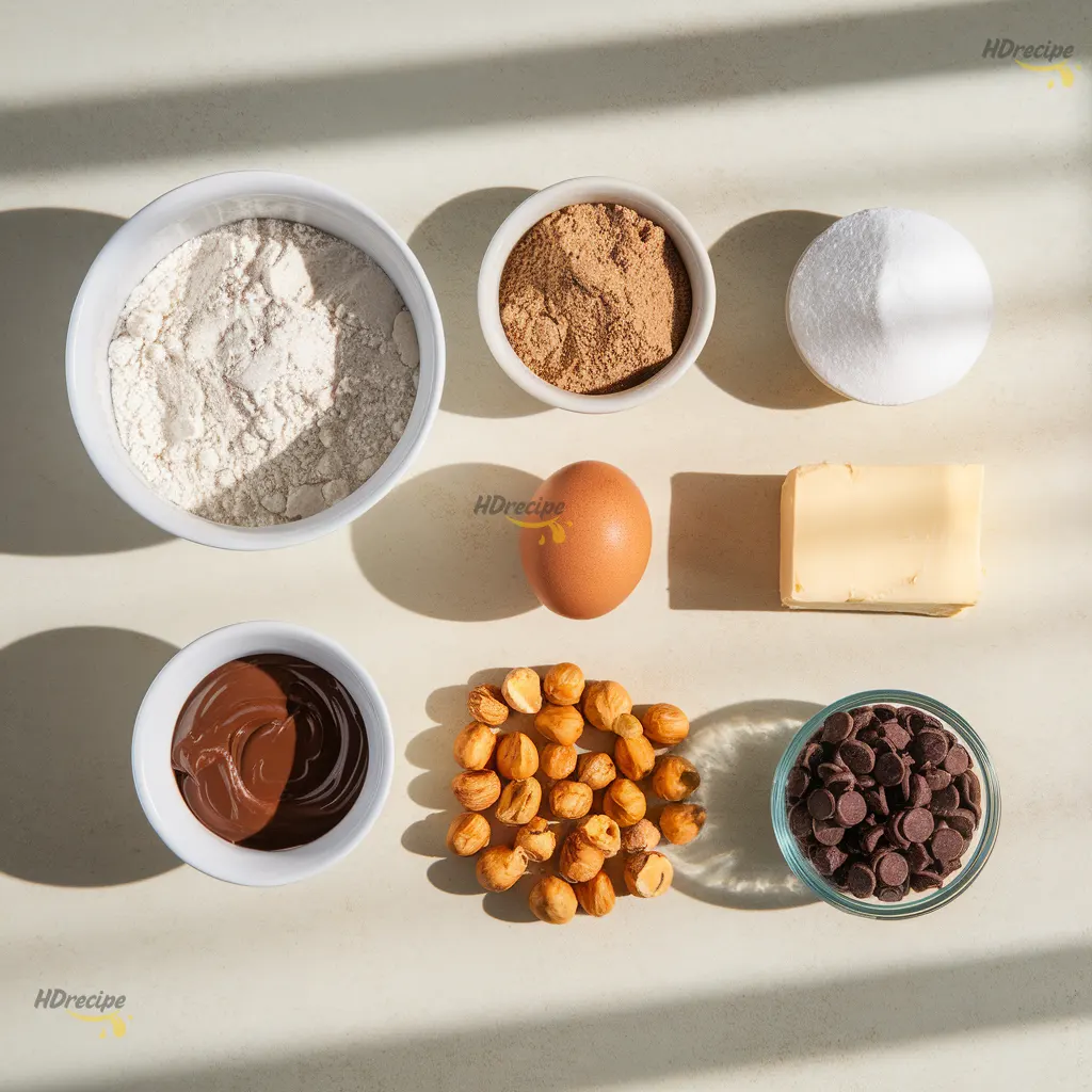 Overhead layout of chocolate hazelnut cookie ingredients—cocoa, chopped hazelnuts, flour, butter, sugar—styled neatly