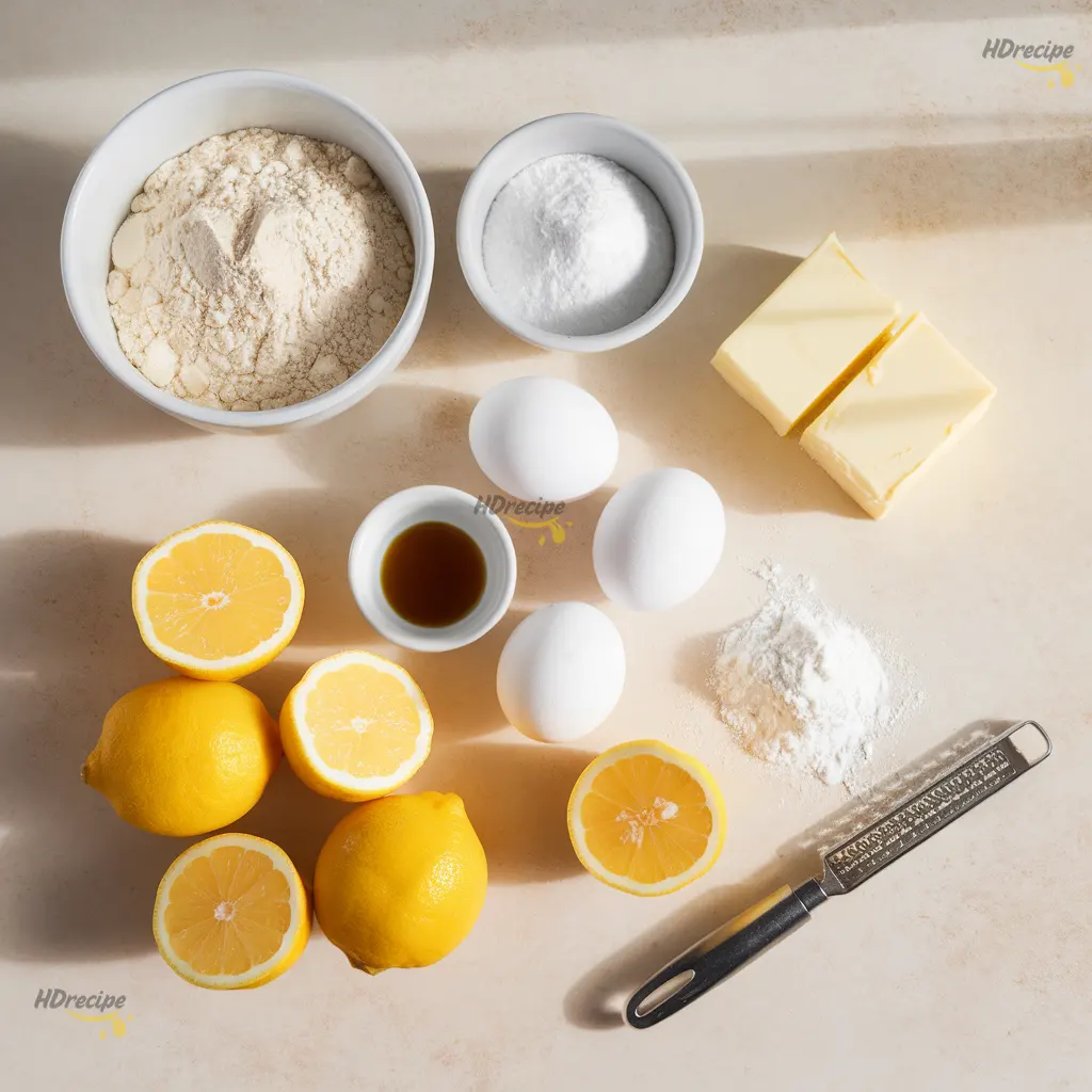 lemon-brownie-bars-ingredients-flatlay Lemon brownie bar ingredients with fresh lemons, butter, sugar, and flour.