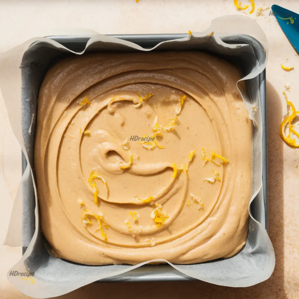 lemon-brownie-batter-in-pan Unbaked lemon brownie batter spread evenly in parchment-lined pan.