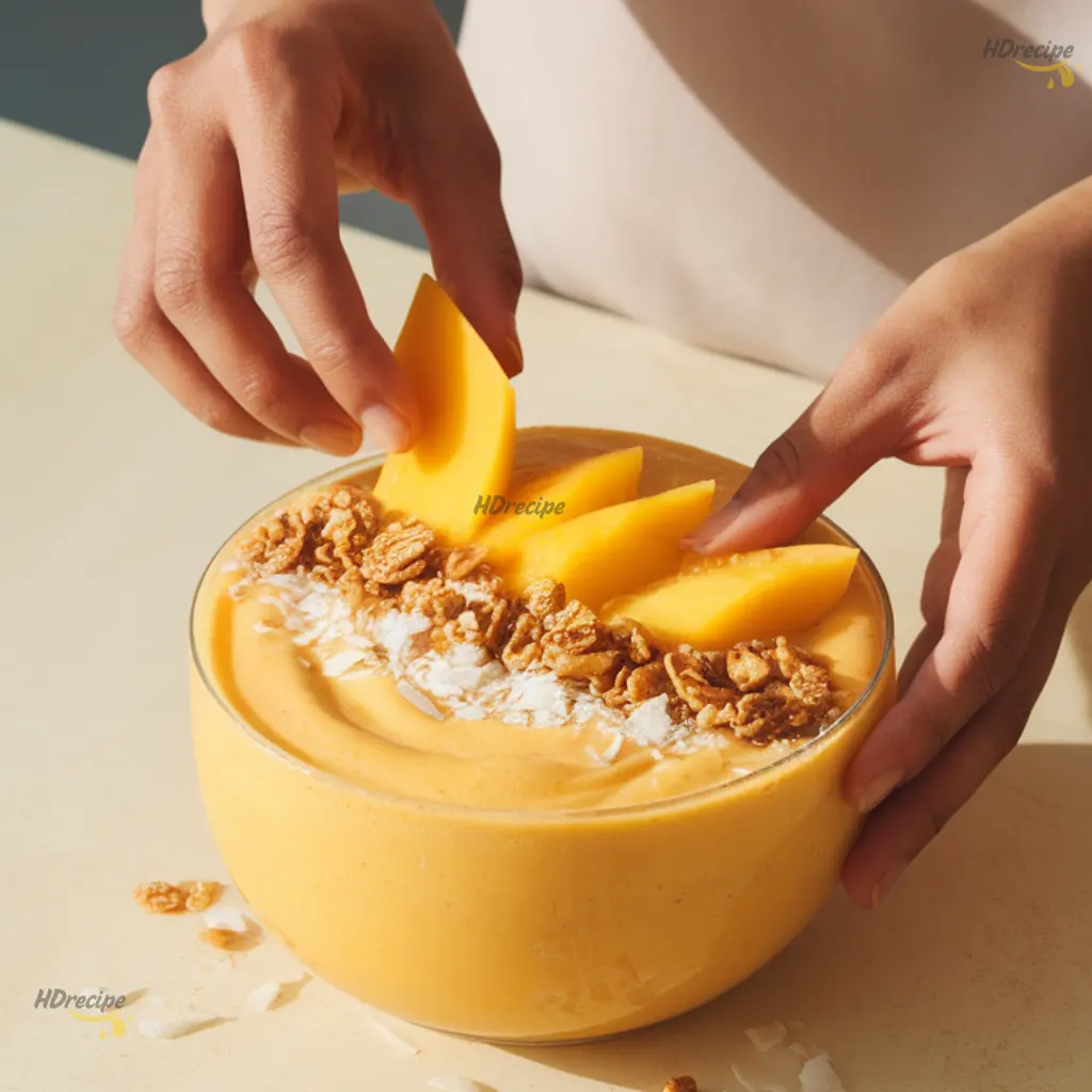 mango-pineapple-smoothie-bowl-adding-toppings Granola fresh fruit and coconut flakes being added to smoothie bowl.