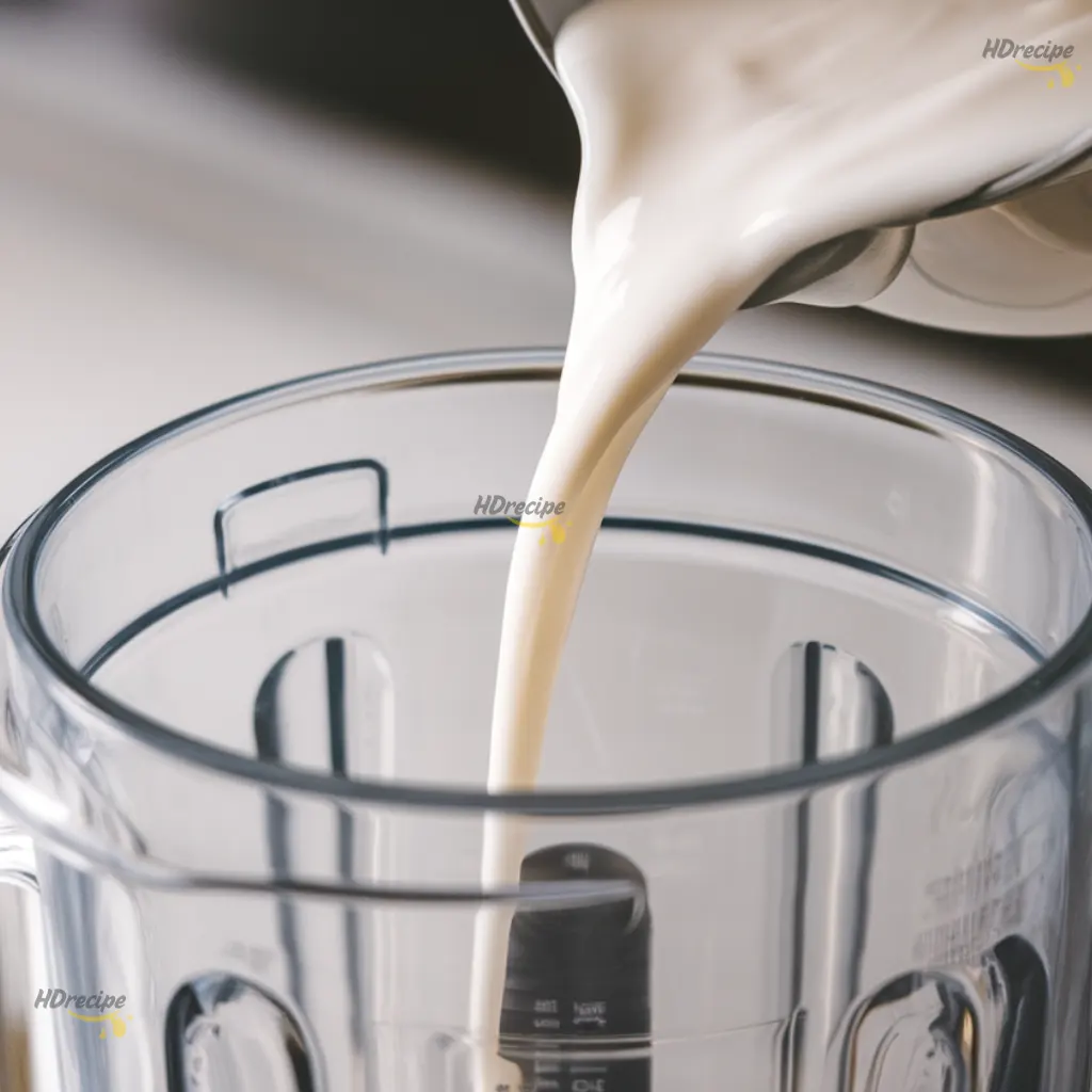 mango-pineapple-smoothie-bowl-coconut-milk-pour Coconut milk pouring into blender filled with mango and pineapple.