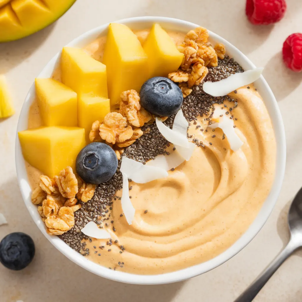 Loaded mango pineapple smoothie bowl packed with toppings on light beige counter