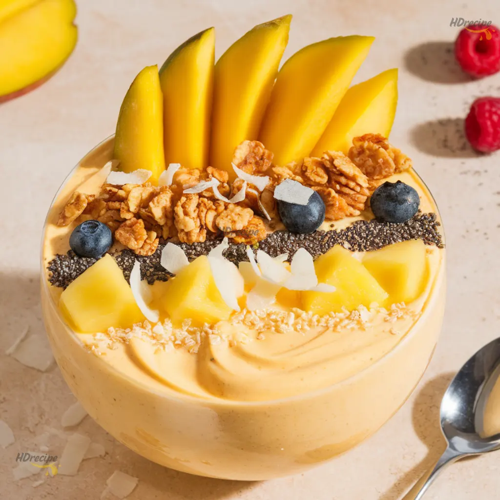 mango-pineapple-smoothie-bowl-final-hero Bright creamy mango pineapple smoothie bowl with colorful toppings on beige counter