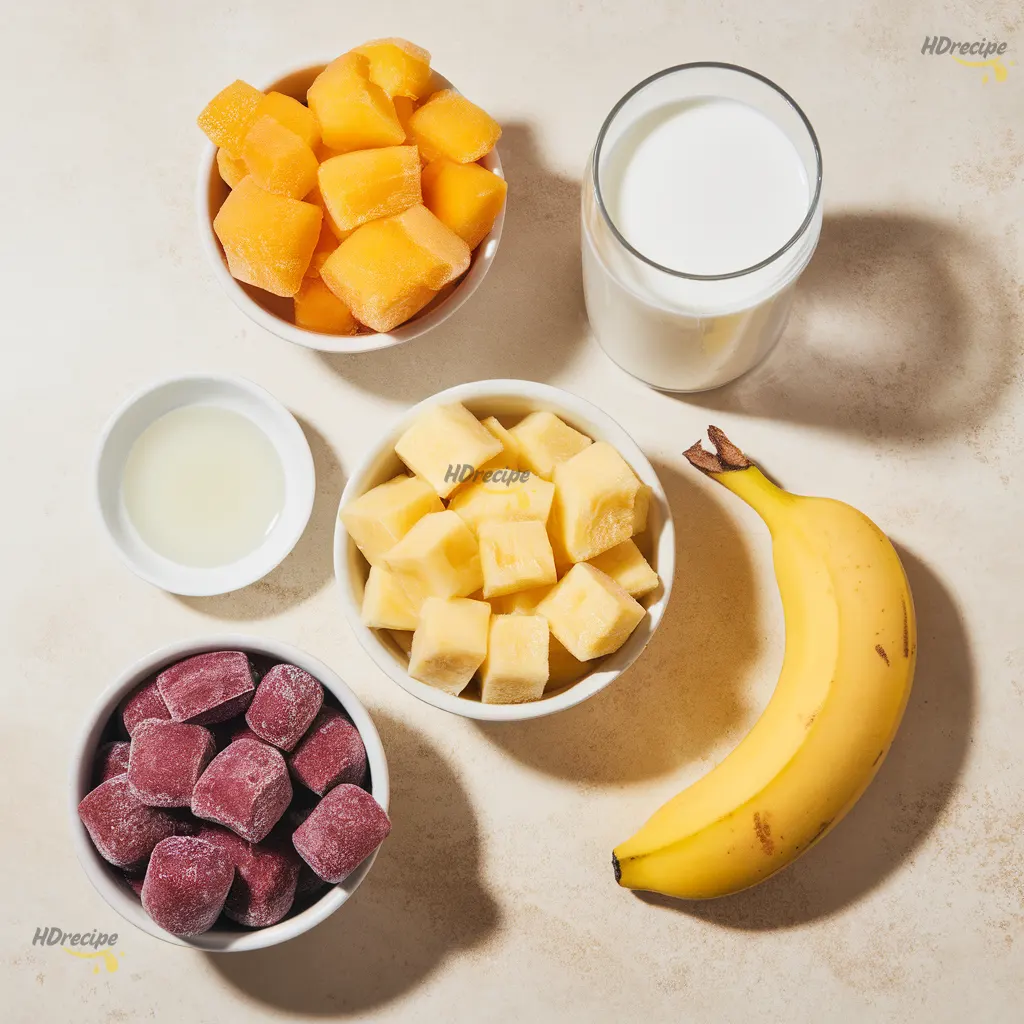 mango-pineapple-smoothie-bowl-ingredients-flatlay Fresh mango pineapple banana and yogurt arranged.
