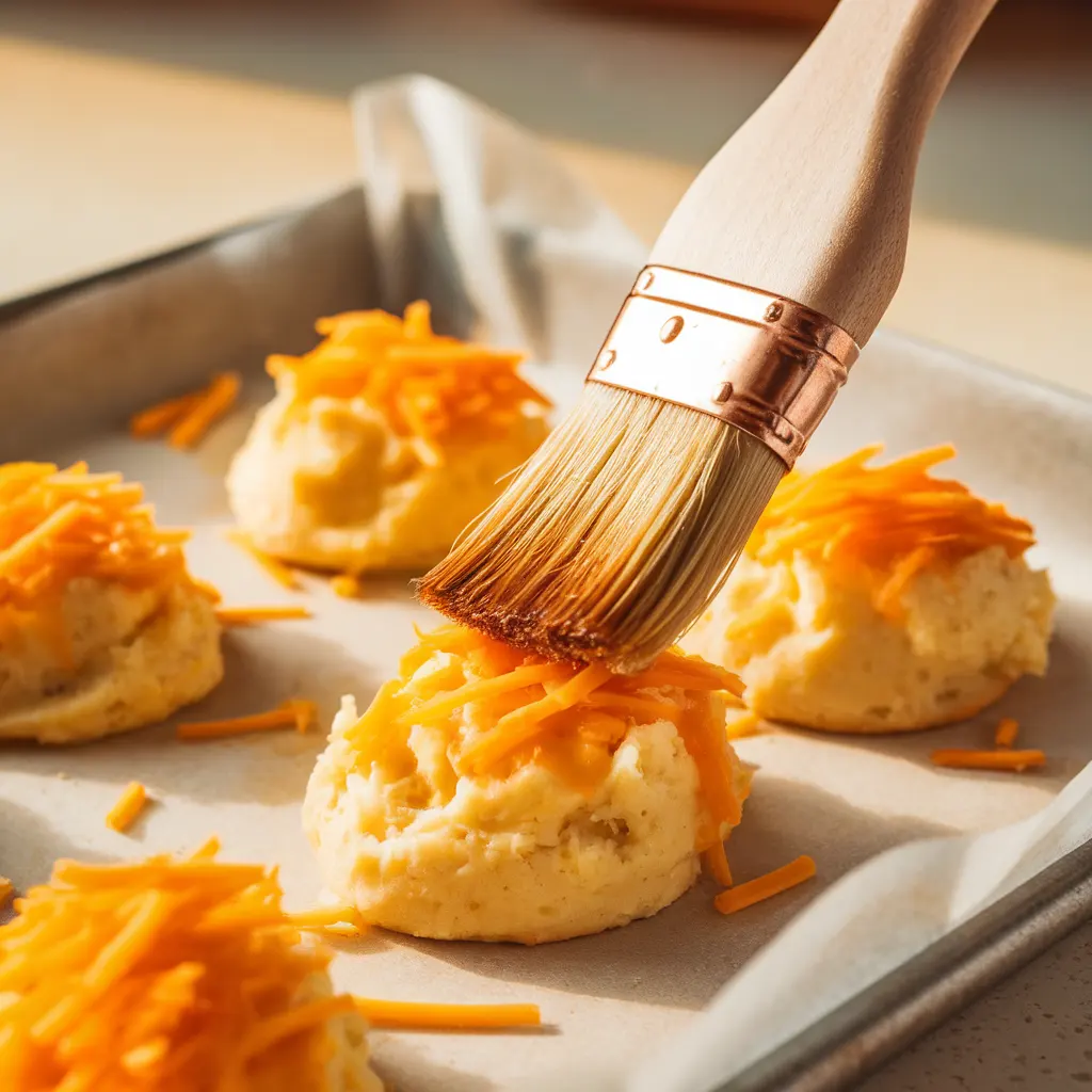 mashed-potato-cheese-puffs-butter-cheese Brushing butter and sprinkling cheese on mashed potato puffs before baking