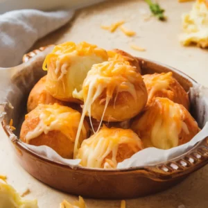 Golden mashed potato cheese puffs on white ceramic plate with melted cheese and chives