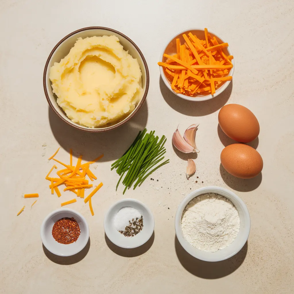 mashed-potato-cheese-puffs-ingredients Ingredients for mashed potato cheese puffs on beige counter