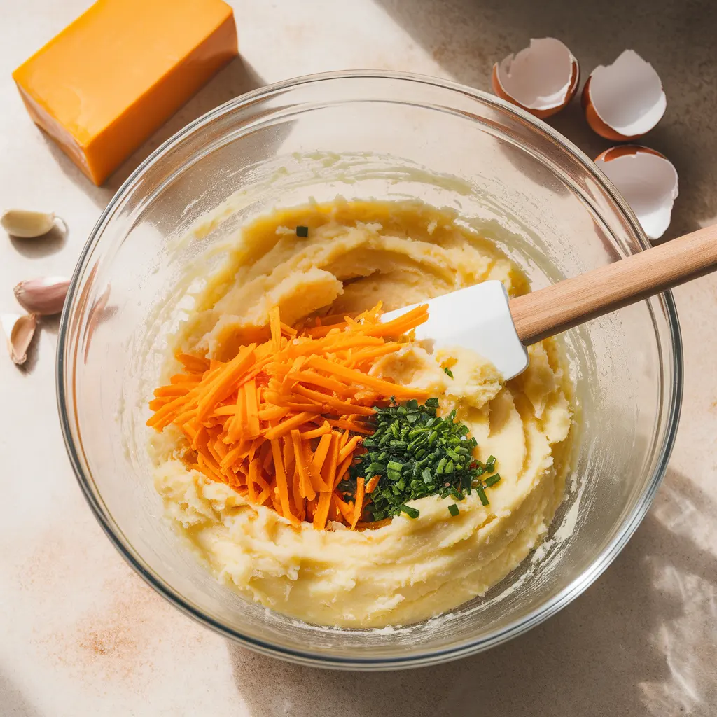 mashed-potato-cheese-puffs-mixing Mixing mashed potatoes with shredded cheese, eggs, and herbs in a glass bowl