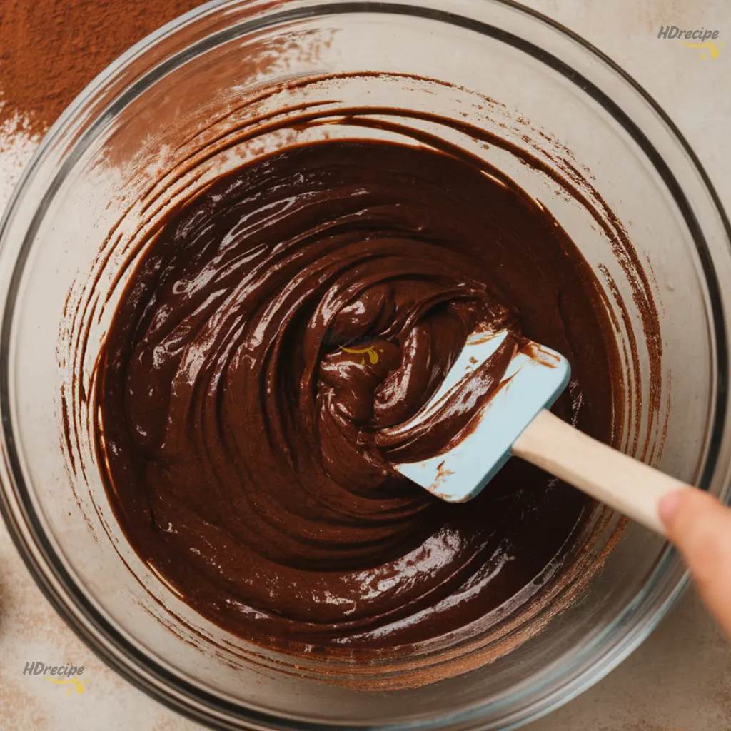 mixing-brownie-batter-coffee-brownies glossy chocolate brownie batter mixed with espresso powder