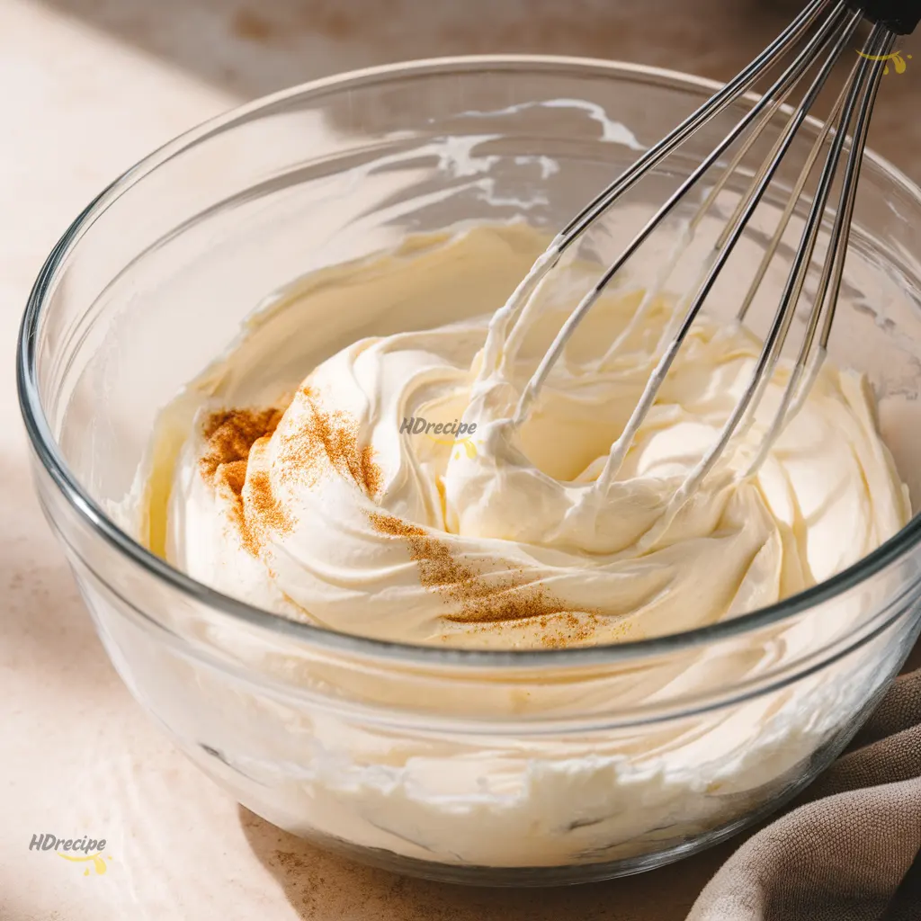 mixing-cheesecake-filling whipped cream cheese filling with cinnamon being mixed