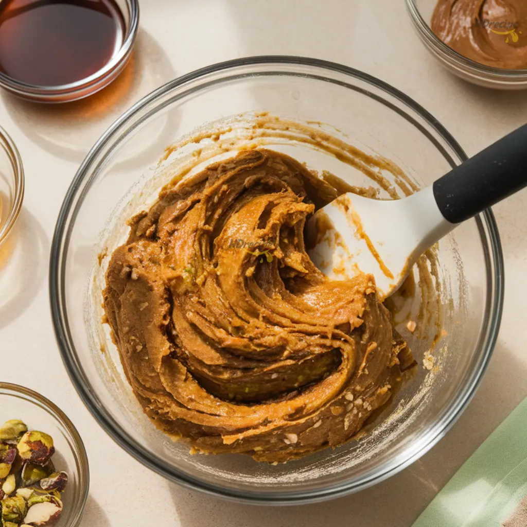 mixing-cookie-dough-bowl Almond butter and pistachio cookie dough being mixed in a glass bowl with a spatula on a light beige counter.