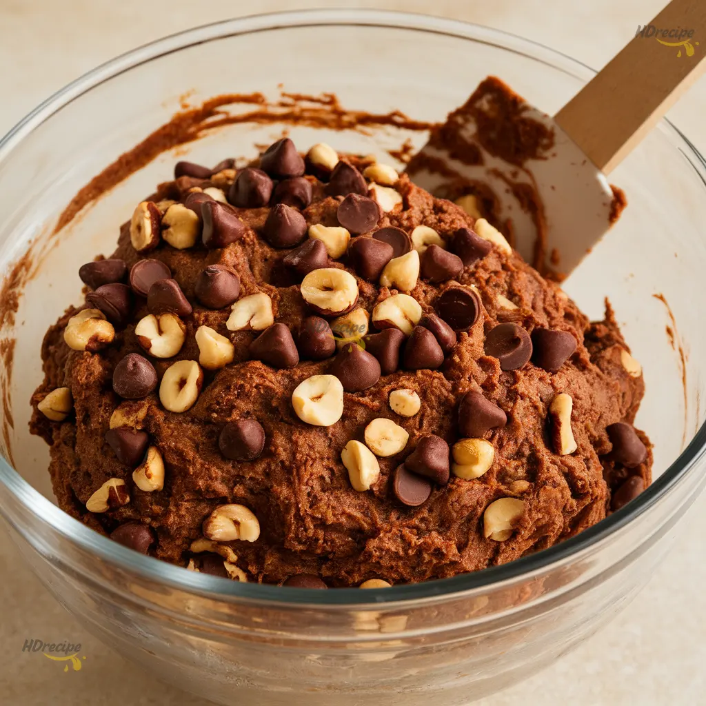 Cookie dough mixed in a bowl with visible hazelnuts and chocolate chunks.