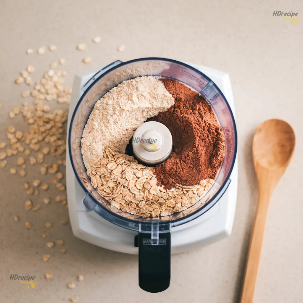 mixing-dry-ingredients-protein-bites Almond flour, oats, and cocoa powder in food processor for protein bites.