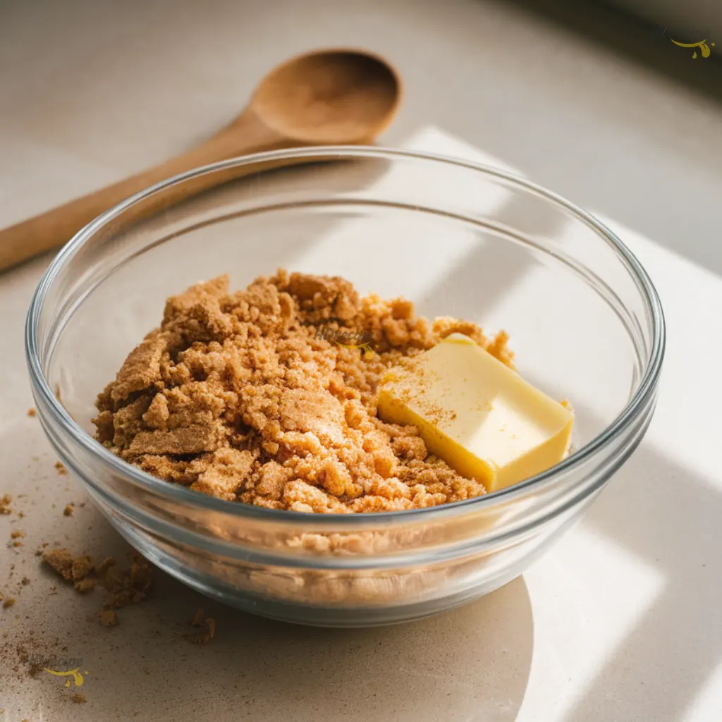 mixing-graham-cracker-crust graham crumbs and butter being mixed for crust