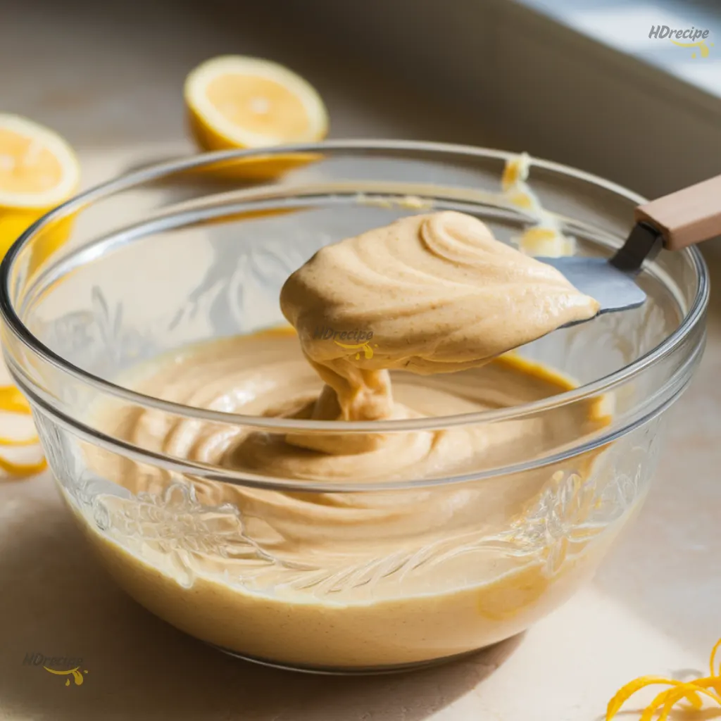 mixing-lemon-brownie-batter Mixing thick lemon brownie batter with zest in a glass bowl.