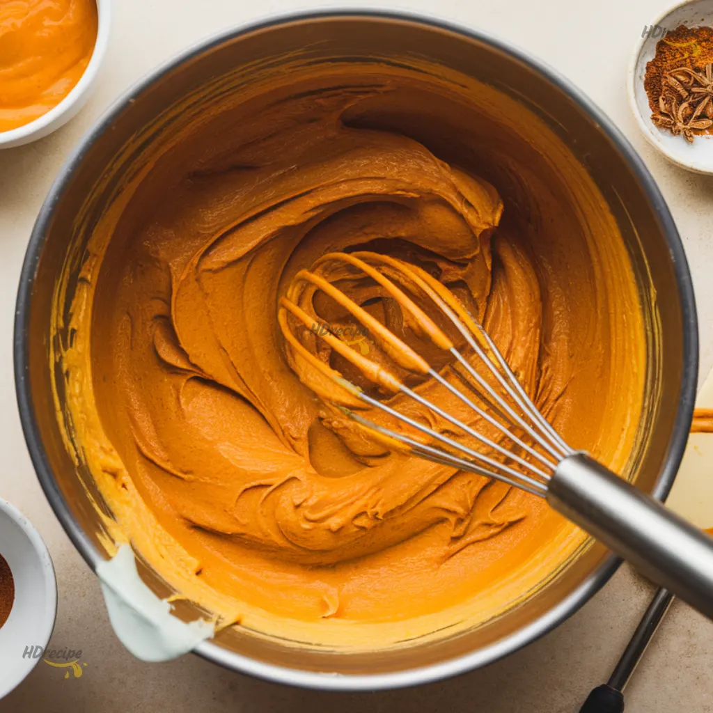 mixing-pumpkin-cheesecake-filling Mixing creamy pumpkin cheesecake filling in bowl